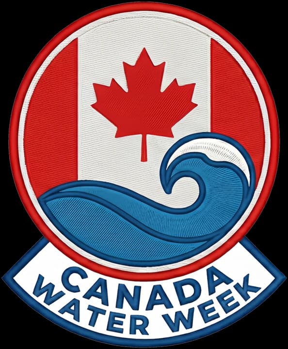 Canada Water Week logo, designed by Michelle Jadormeo: a round patch with the Canadian flag and a breaking wave, above a banner reading Canada Water Week